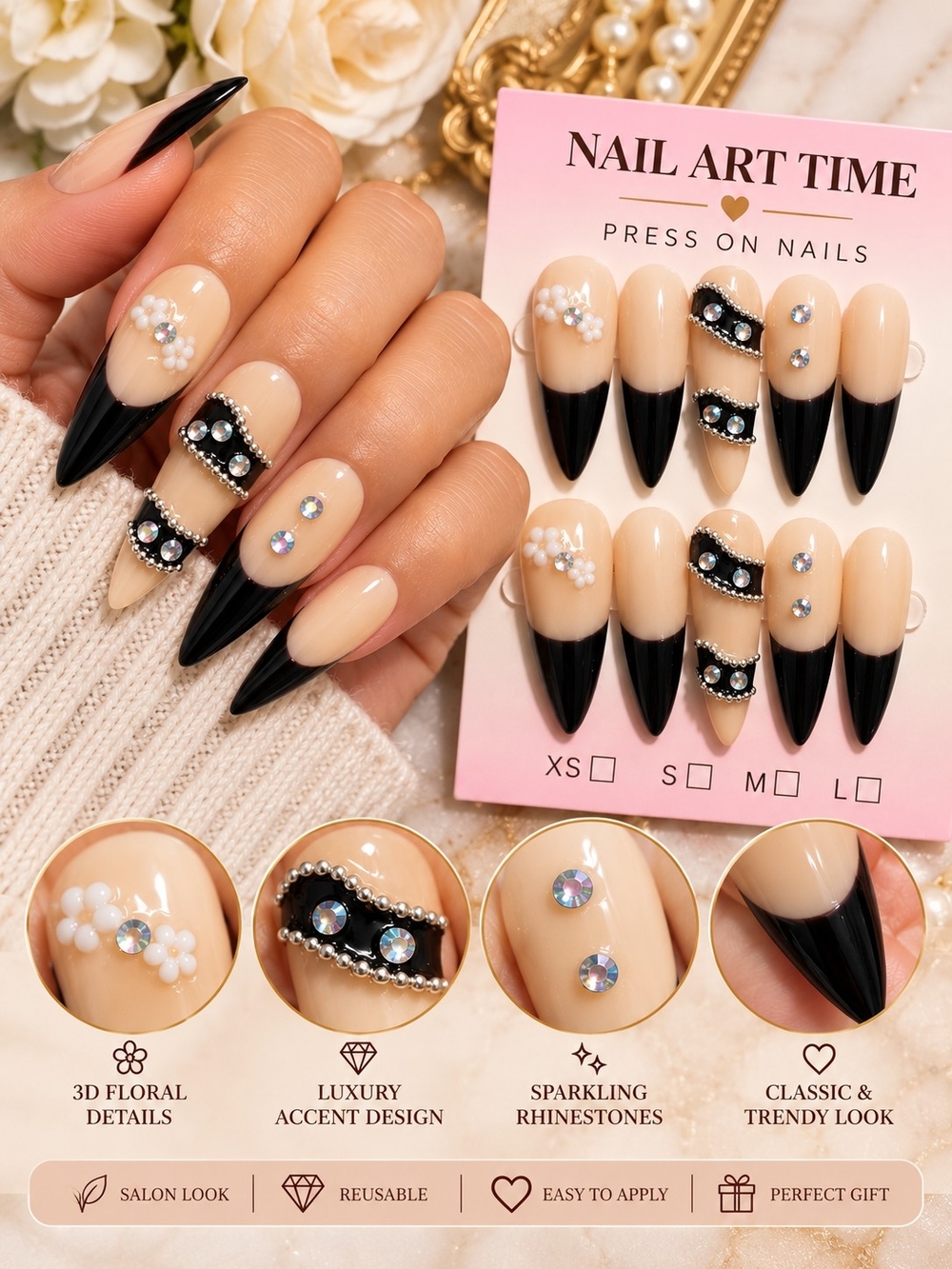 Beige & Black Press-On Stiletto Nails with Rhinestones